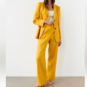 Zara Yellow Linen Suit Set, Blazer And Pants Set, Size Small
